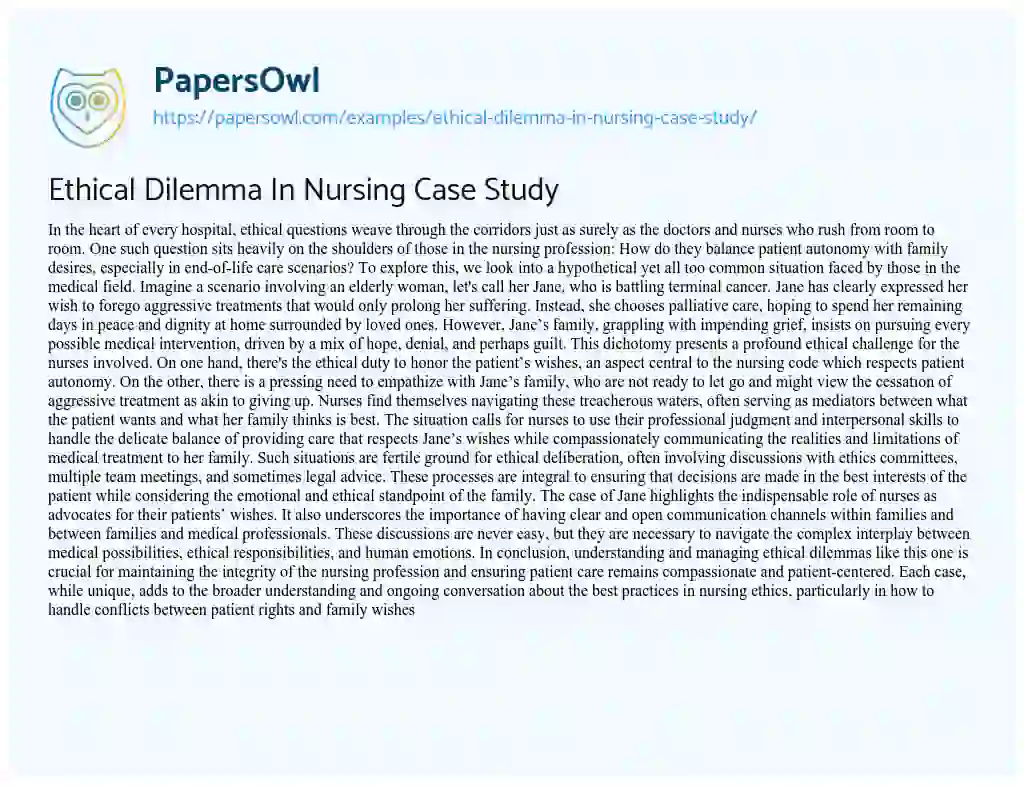 Essay on Ethical Dilemma in Nursing Case Study