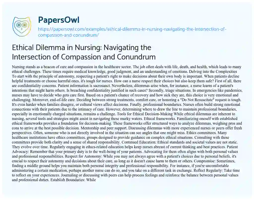 Essay on Ethical Dilemma in Nursing: Navigating the Intersection of Compassion and Conundrum