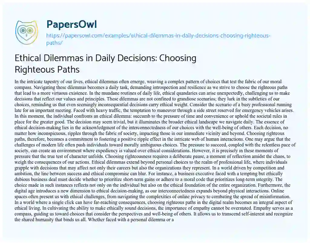 Essay on Ethical Dilemmas in Daily Decisions: Choosing Righteous Paths