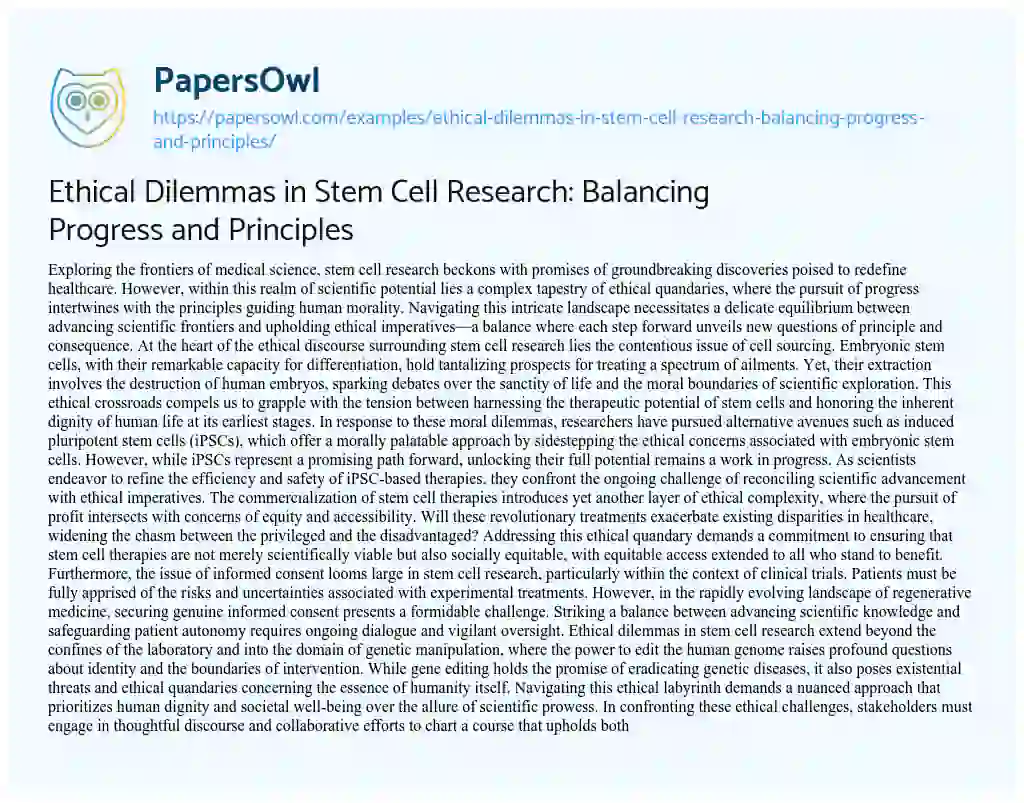 Essay on Ethical Dilemmas in Stem Cell Research: Balancing Progress and Principles