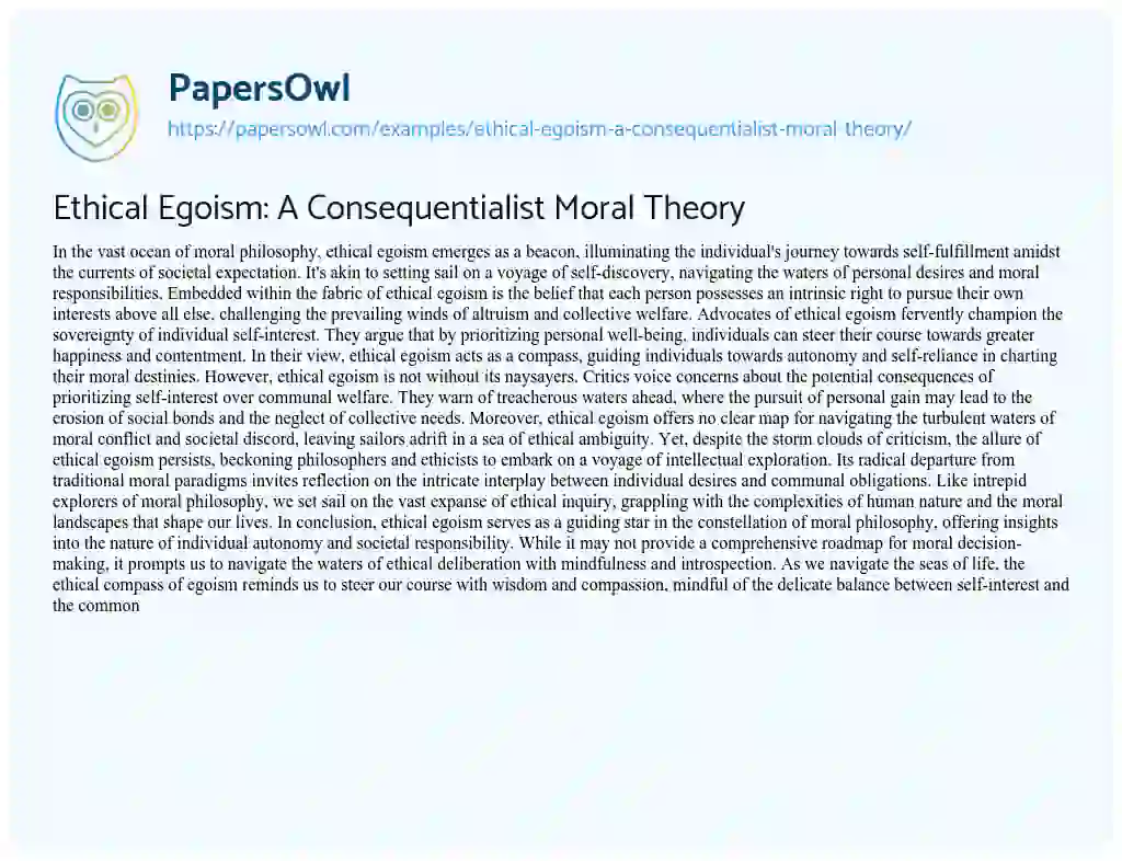 Essay on Ethical Egoism: a Consequentialist Moral Theory