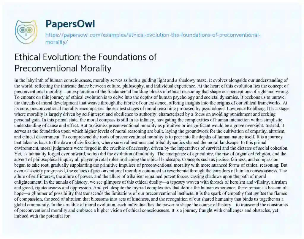 Essay on Ethical Evolution: the Foundations of Preconventional Morality