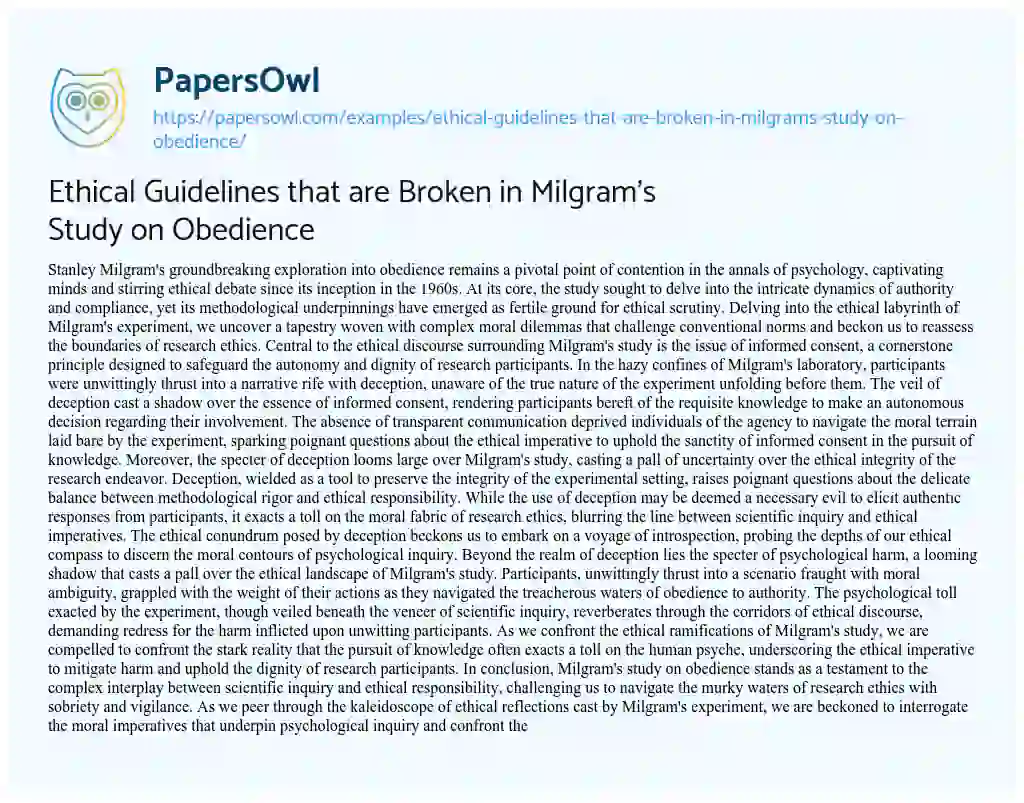 Essay on Ethical Guidelines that are Broken in Milgram’s Study on Obedience