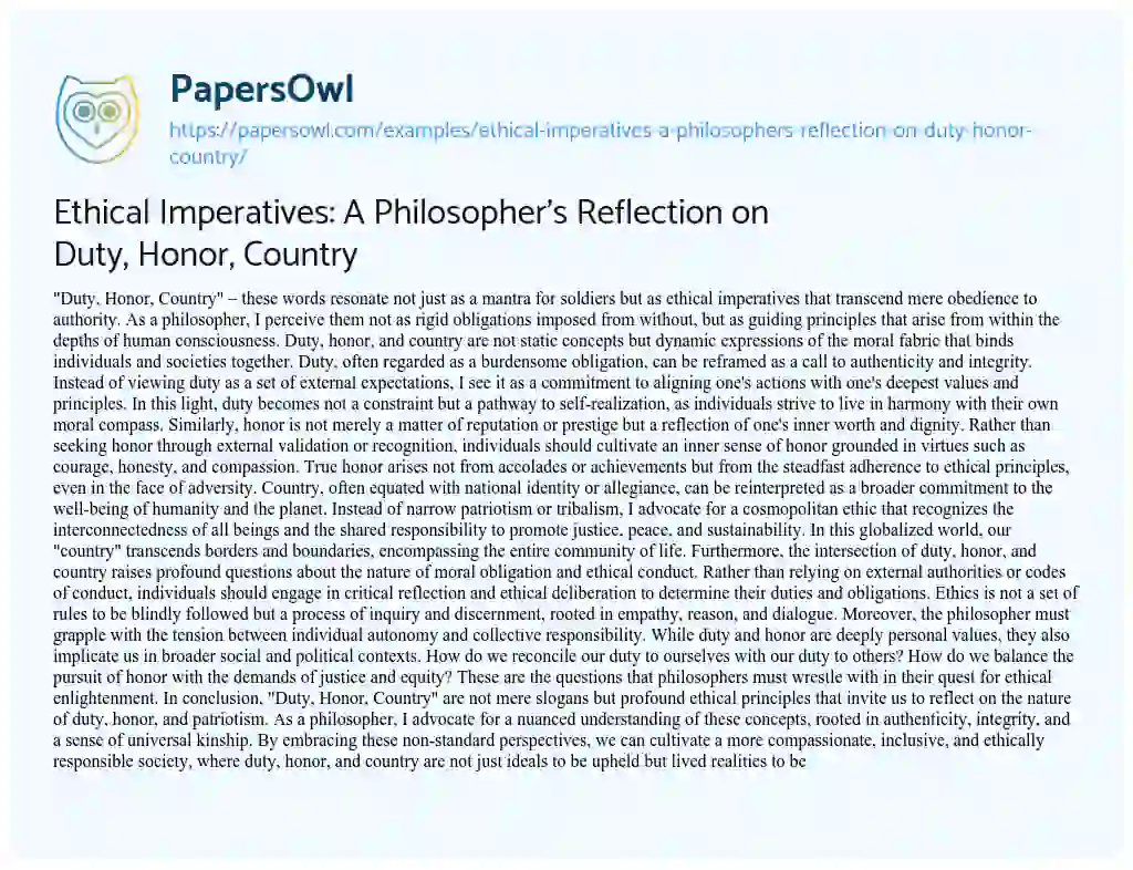 Essay on Ethical Imperatives: a Philosopher’s Reflection on Duty, Honor, Country