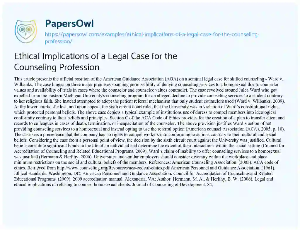 Essay on Ethical Implications of a Legal Case for the Counseling Profession