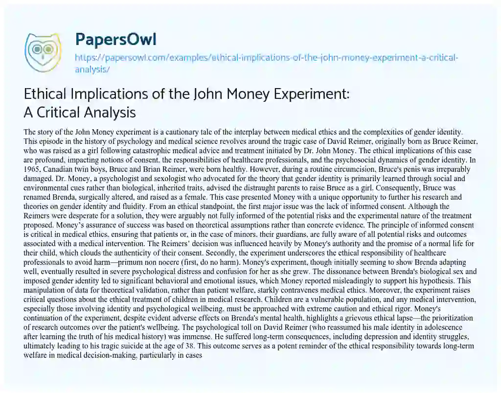 Essay on Ethical Implications of the John Money Experiment: a Critical Analysis