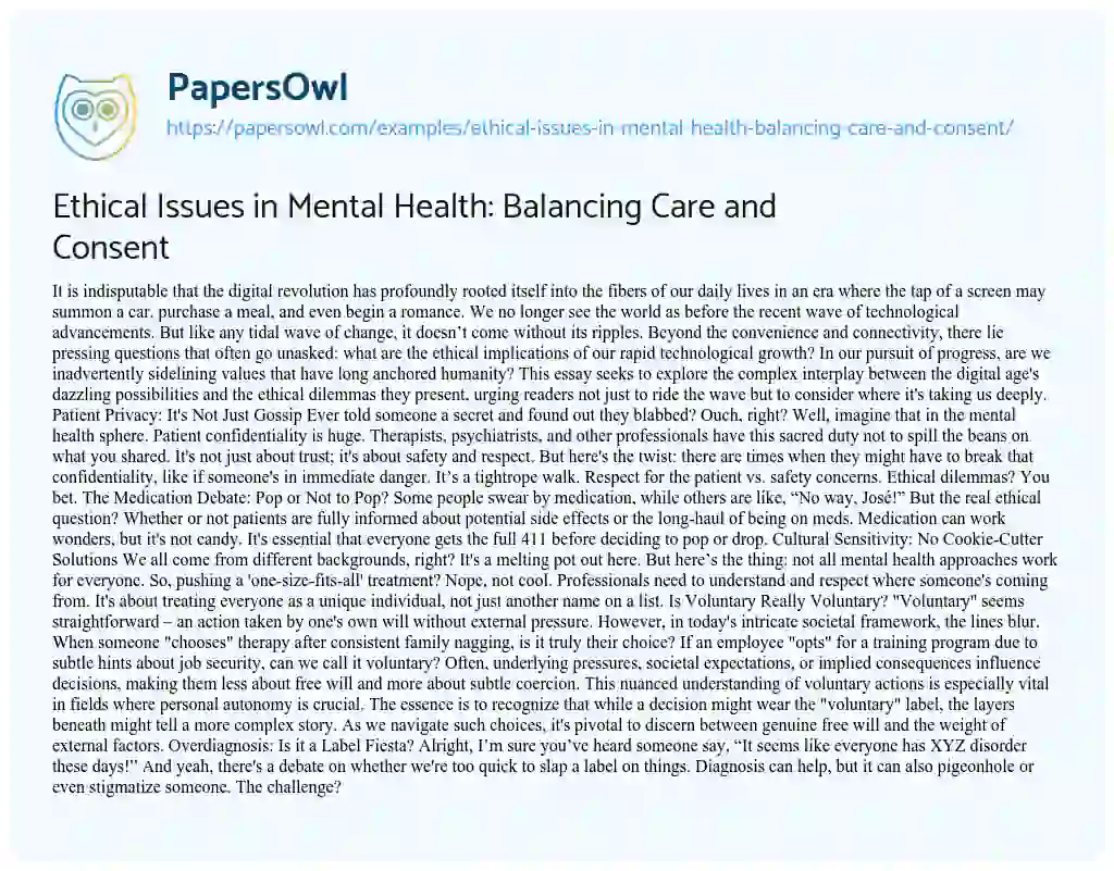 Essay on Ethical Issues in Mental Health: Balancing Care and Consent