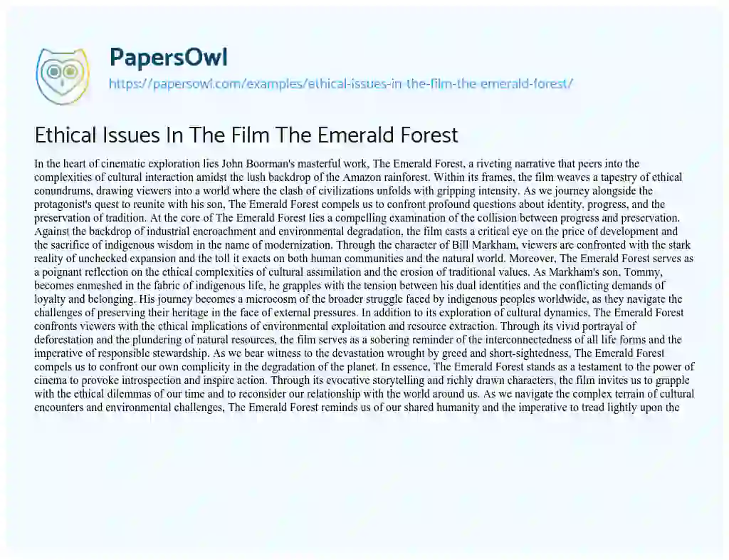 Essay on Ethical Issues in the Film the Emerald Forest
