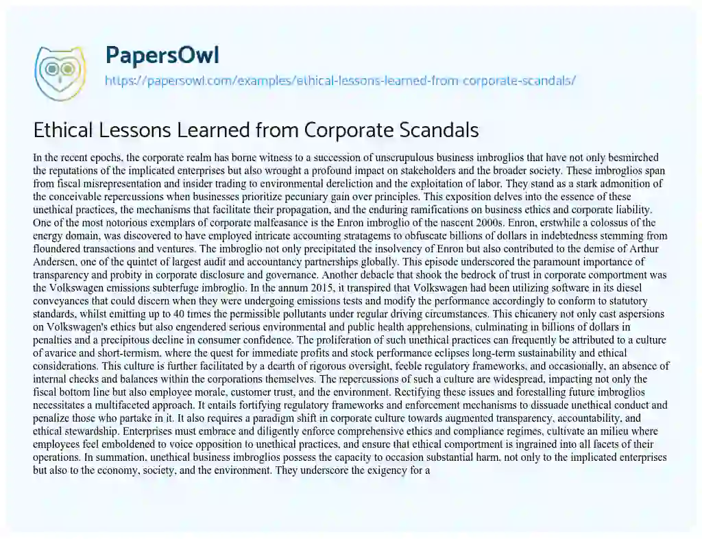 Essay on Ethical Lessons Learned from Corporate Scandals