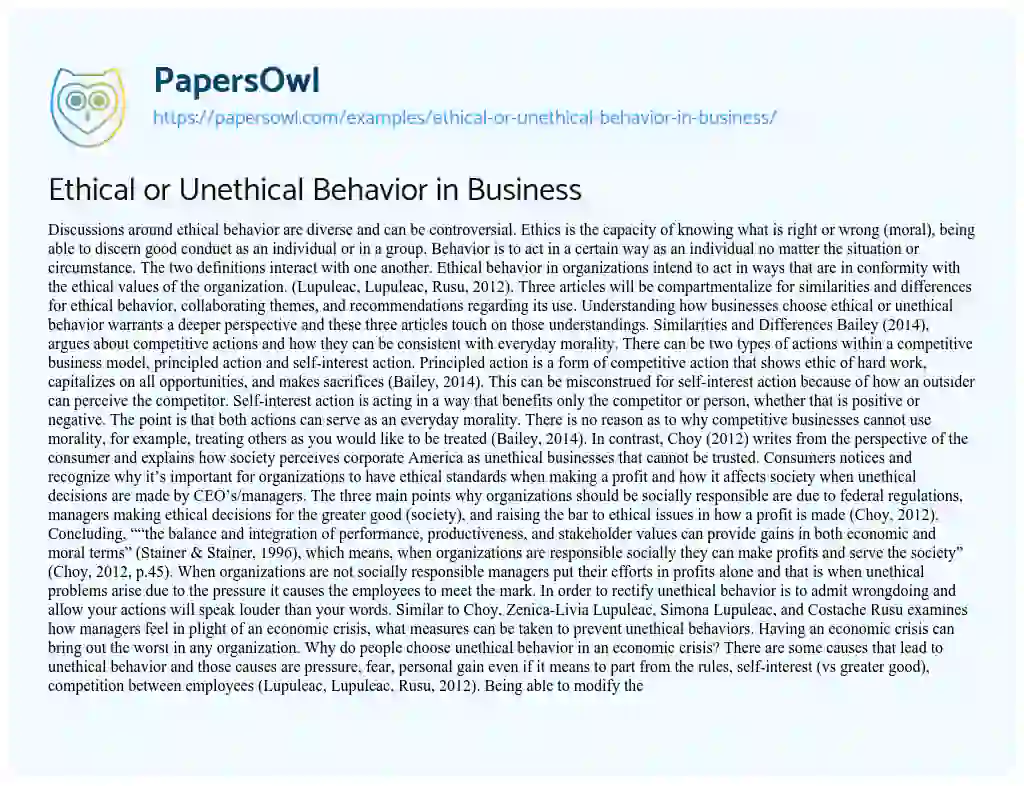 Essay on Ethical or Unethical Behavior in Business