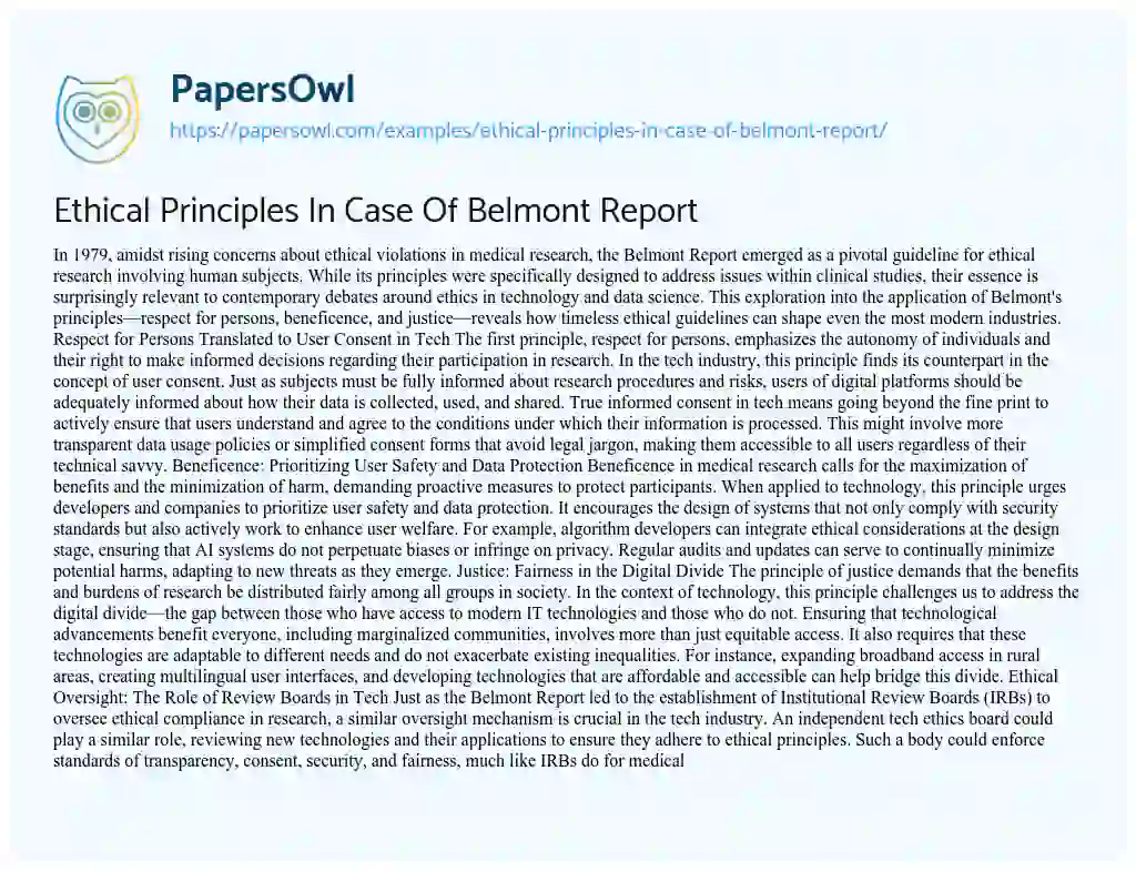 Essay on Ethical Principles in Case of Belmont Report