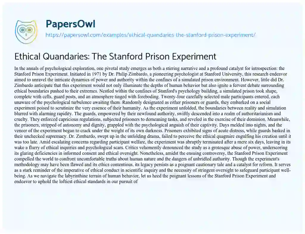 Essay on Ethical Quandaries: the Stanford Prison Experiment