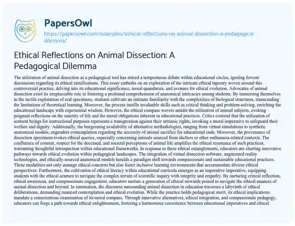 Essay on Ethical Reflections on Animal Dissection: a Pedagogical Dilemma
