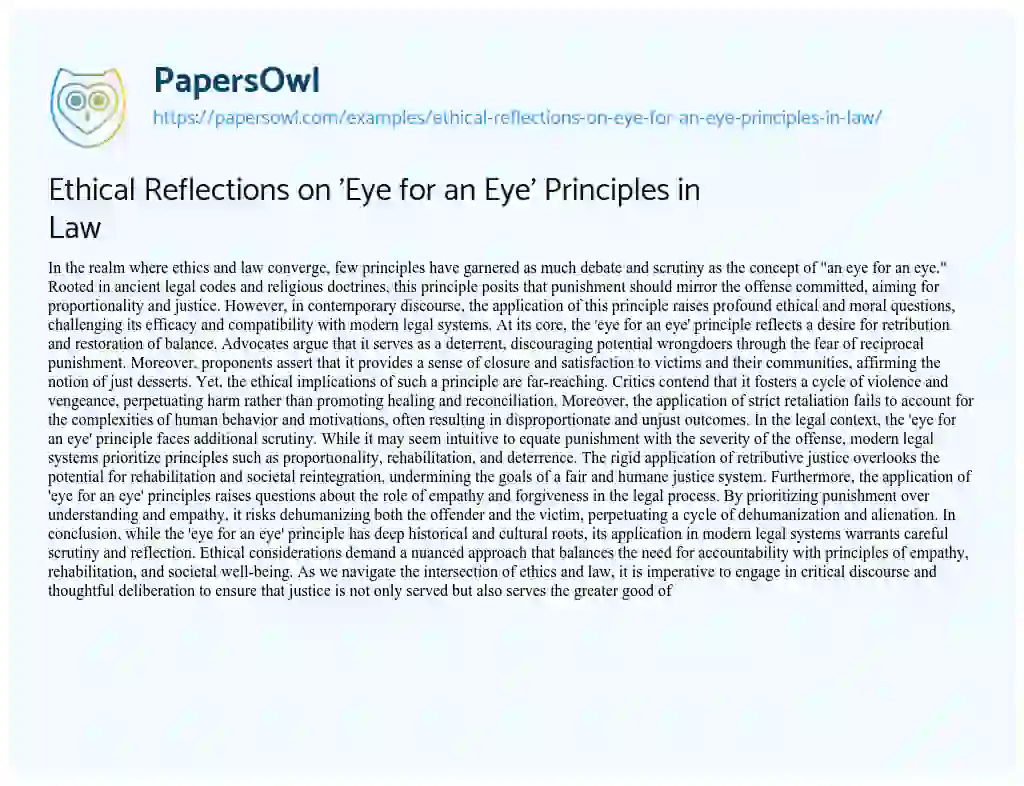Essay on Ethical Reflections on ‘Eye for an Eye’ Principles in Law