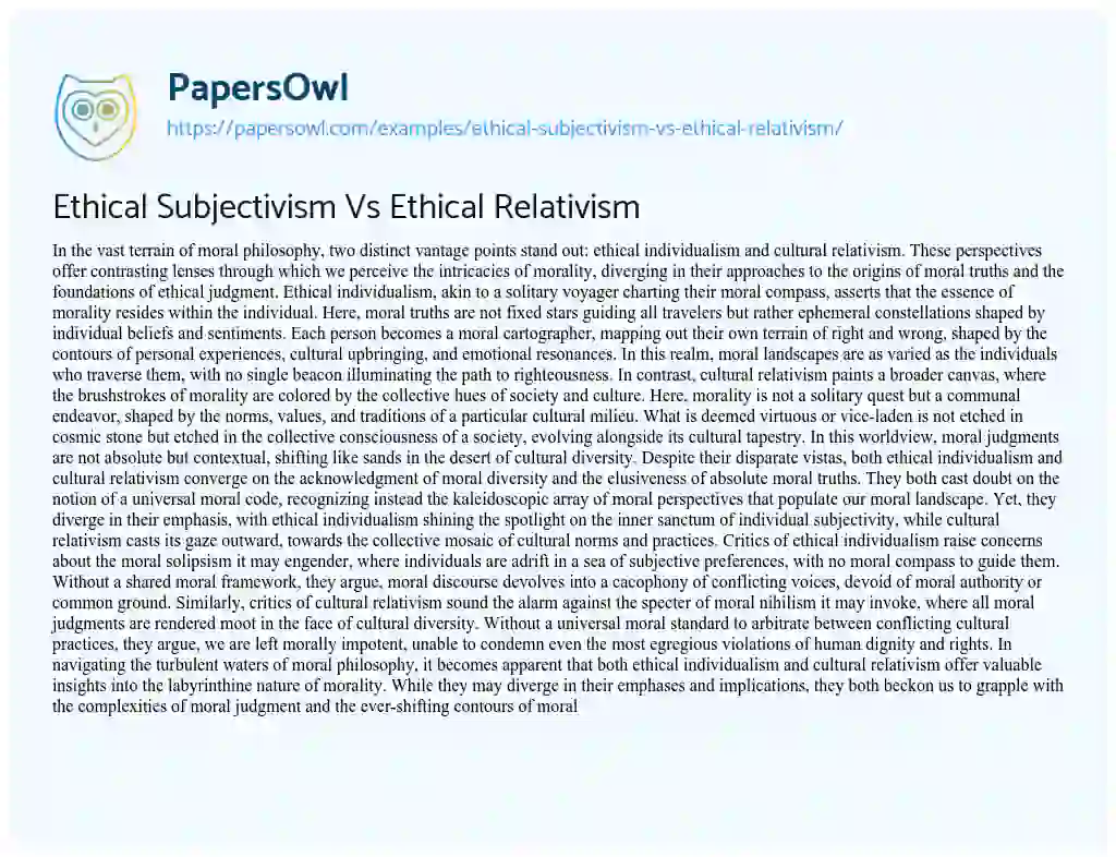 Essay on Ethical Subjectivism Vs Ethical Relativism
