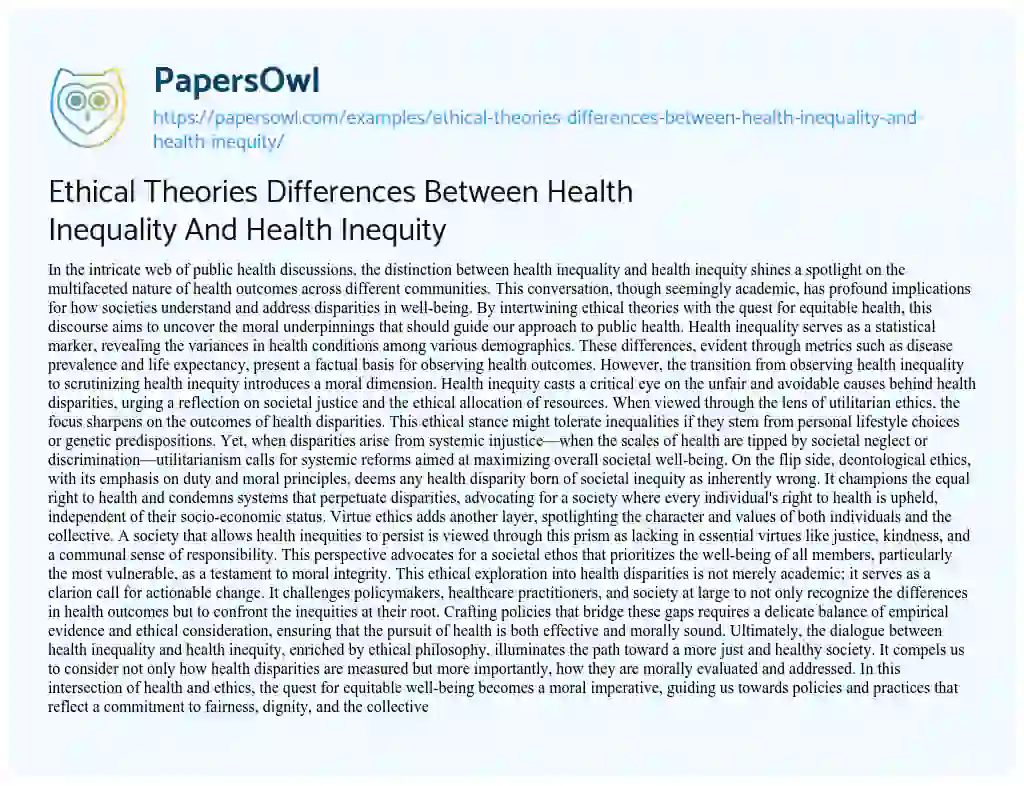 Essay on Ethical Theories Differences between Health Inequality and Health Inequity