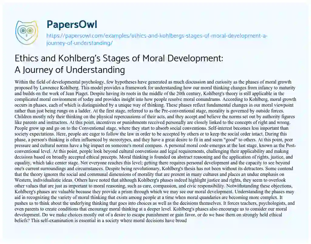 Essay on Ethics and Kohlberg’s Stages of Moral Development: a Journey of Understanding