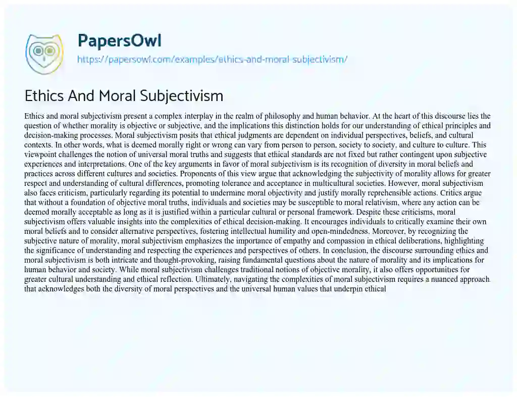 Essay on Ethics and Moral Subjectivism
