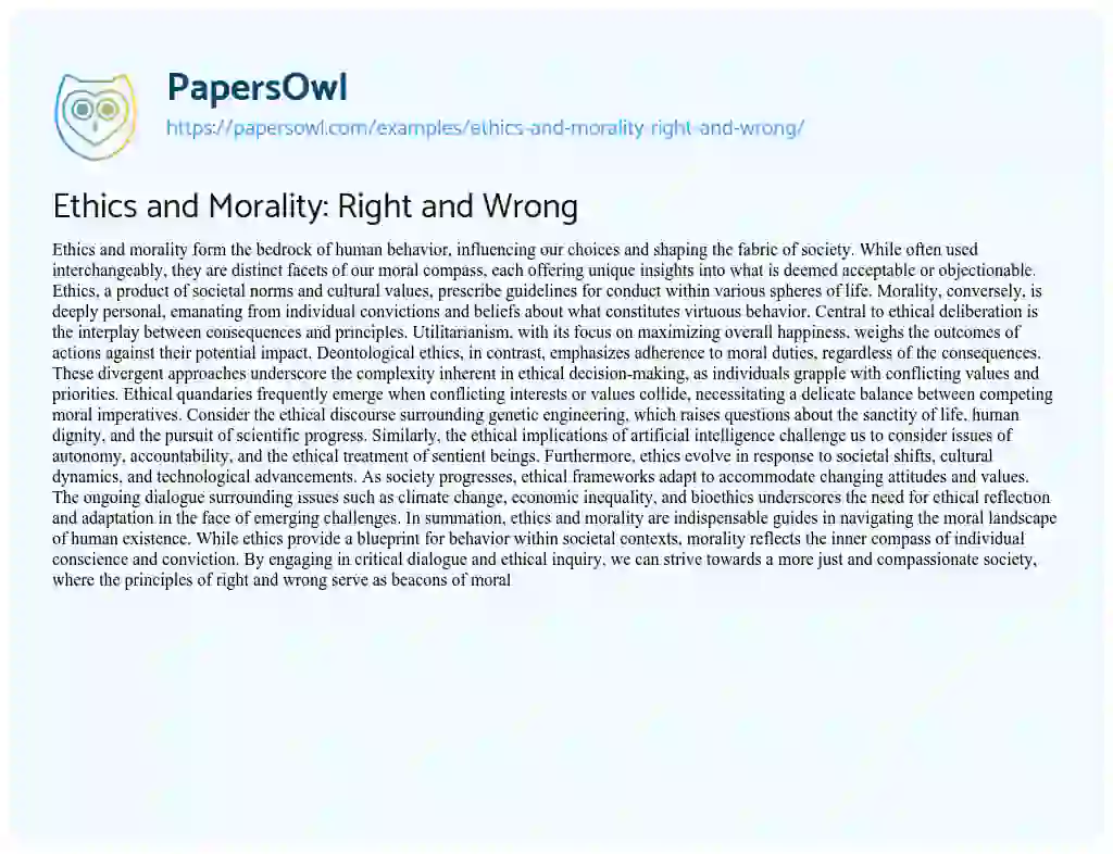 Essay on Ethics and Morality: Right and Wrong