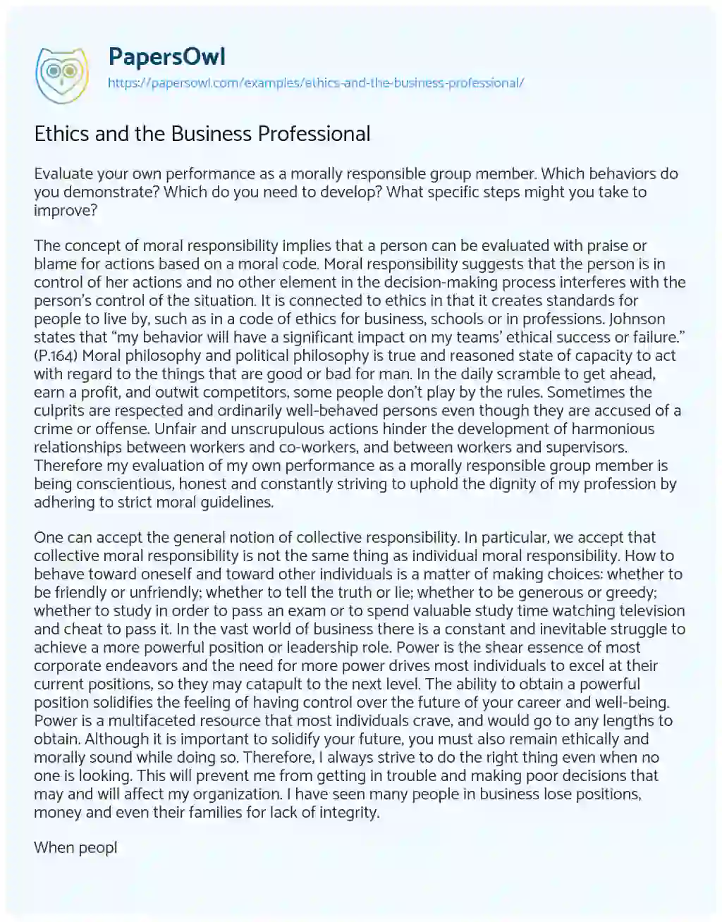 Ethics and the Business Professional essay