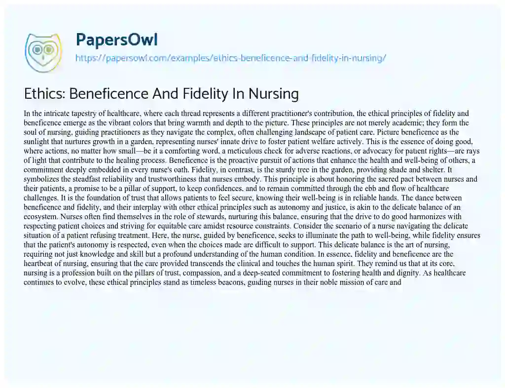 Essay on Ethics: Beneficence and Fidelity in Nursing