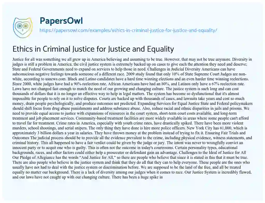Essay on Ethics in Criminal Justice for Justice and Equality