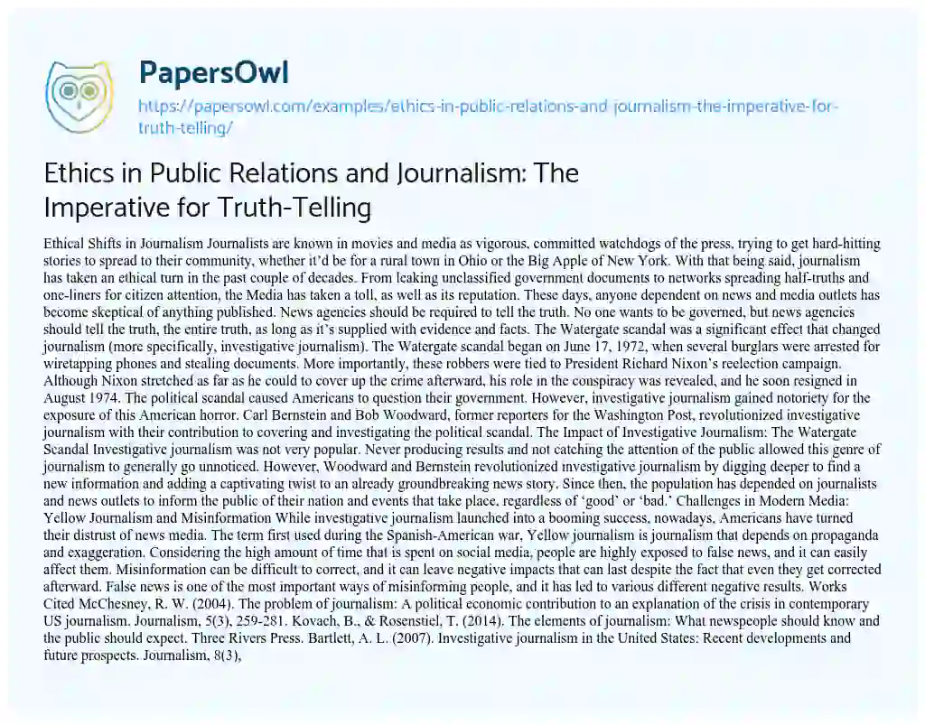 Essay on Ethics in Public Relations and Journalism: the Imperative for Truth-Telling