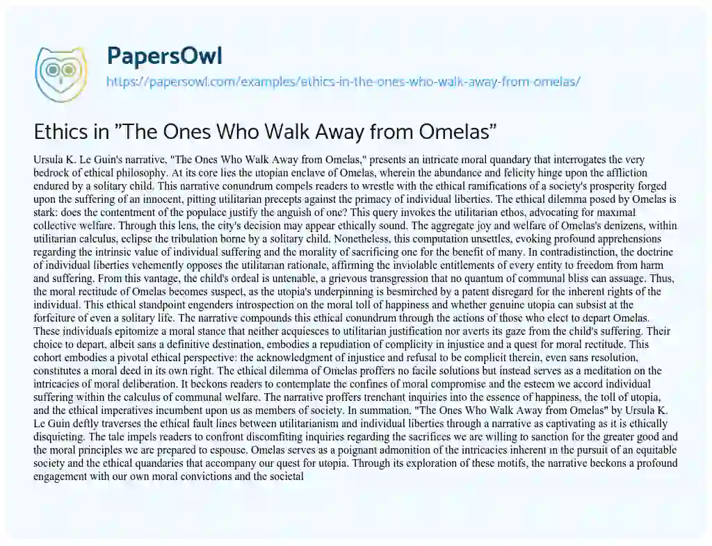 Essay on Ethics in “The Ones who Walk Away from Omelas”