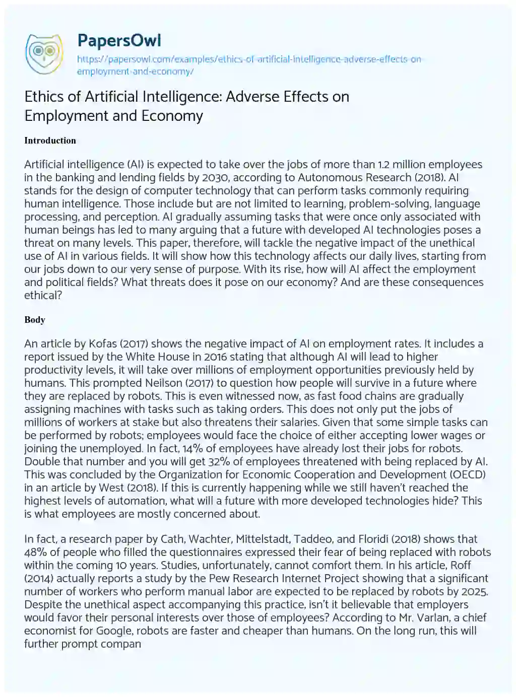 Essay on Ethics of Artificial Intelligence: Adverse Effects on Employment and Economy