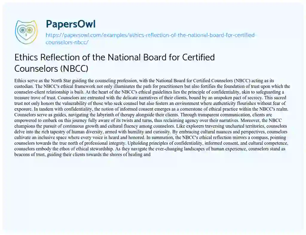 Essay on Ethics Reflection of the National Board for Certified Counselors (NBCC)