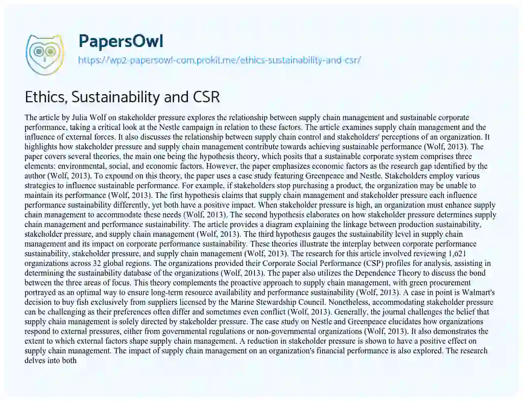 Essay on Ethics, Sustainability and CSR