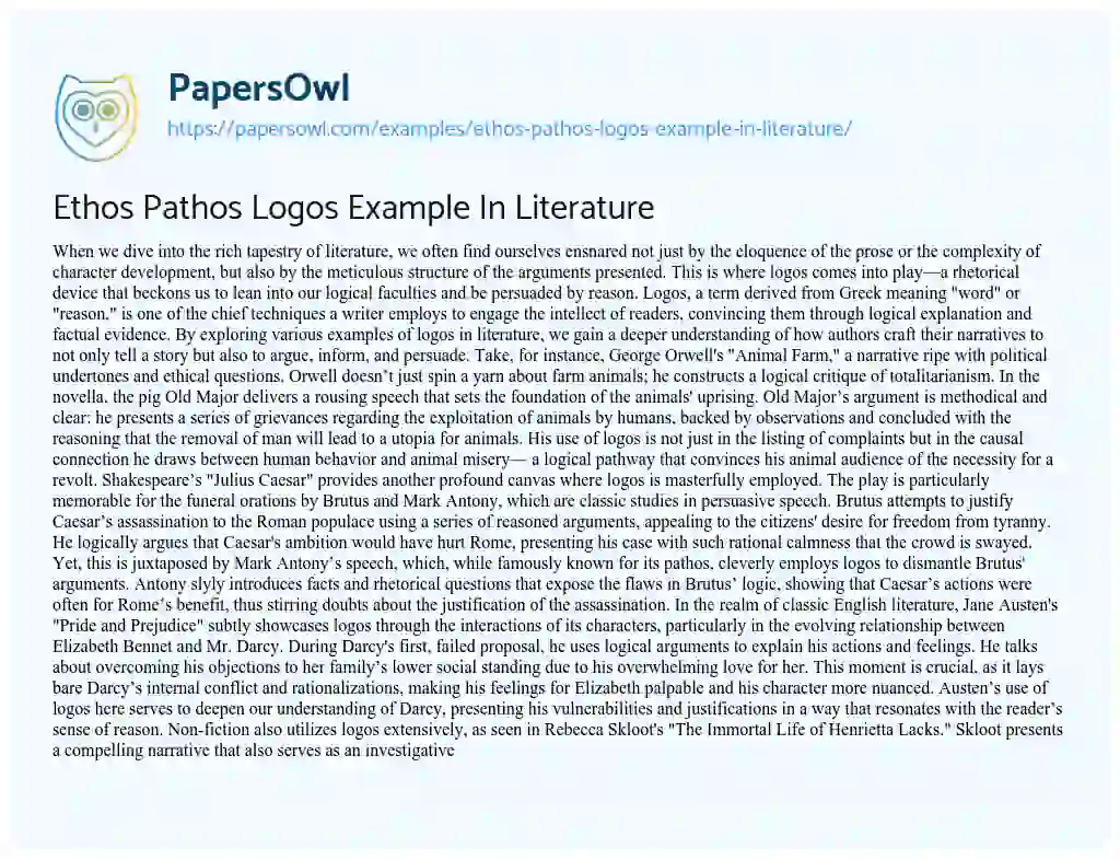 Essay on Ethos Pathos Logos Example in Literature