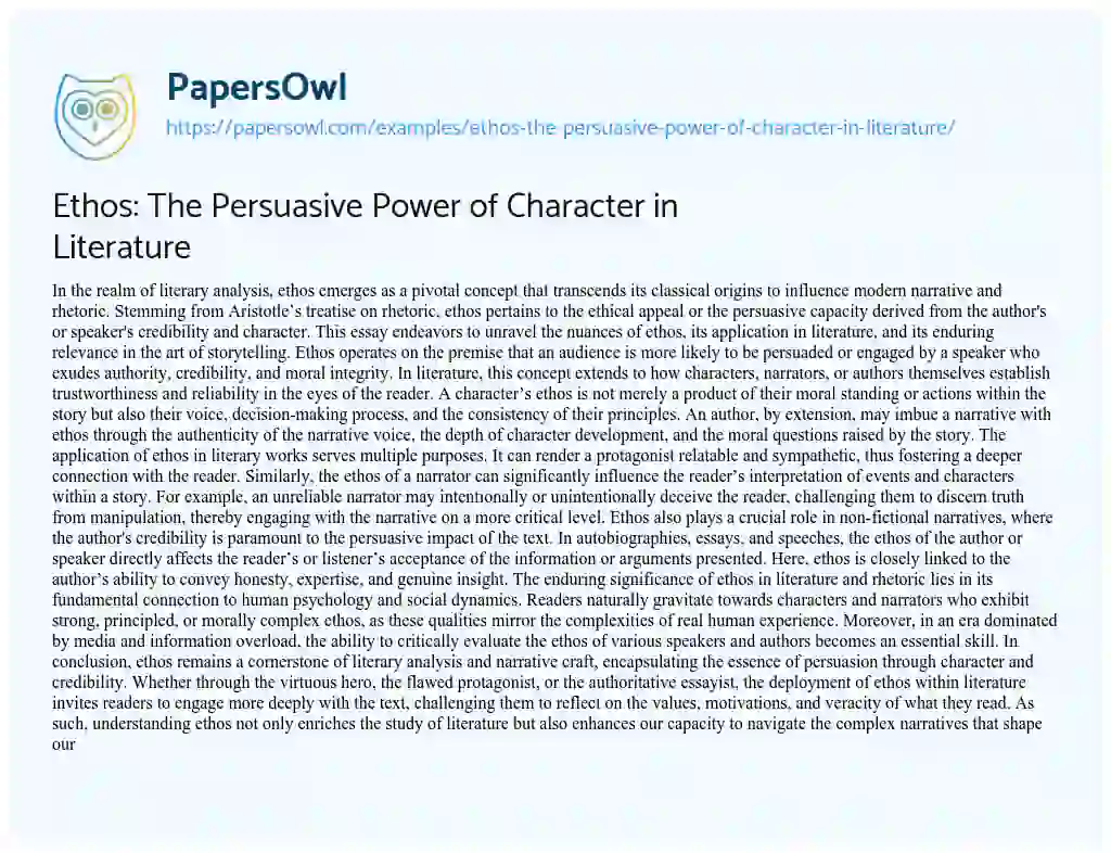 Essay on Ethos: the Persuasive Power of Character in Literature