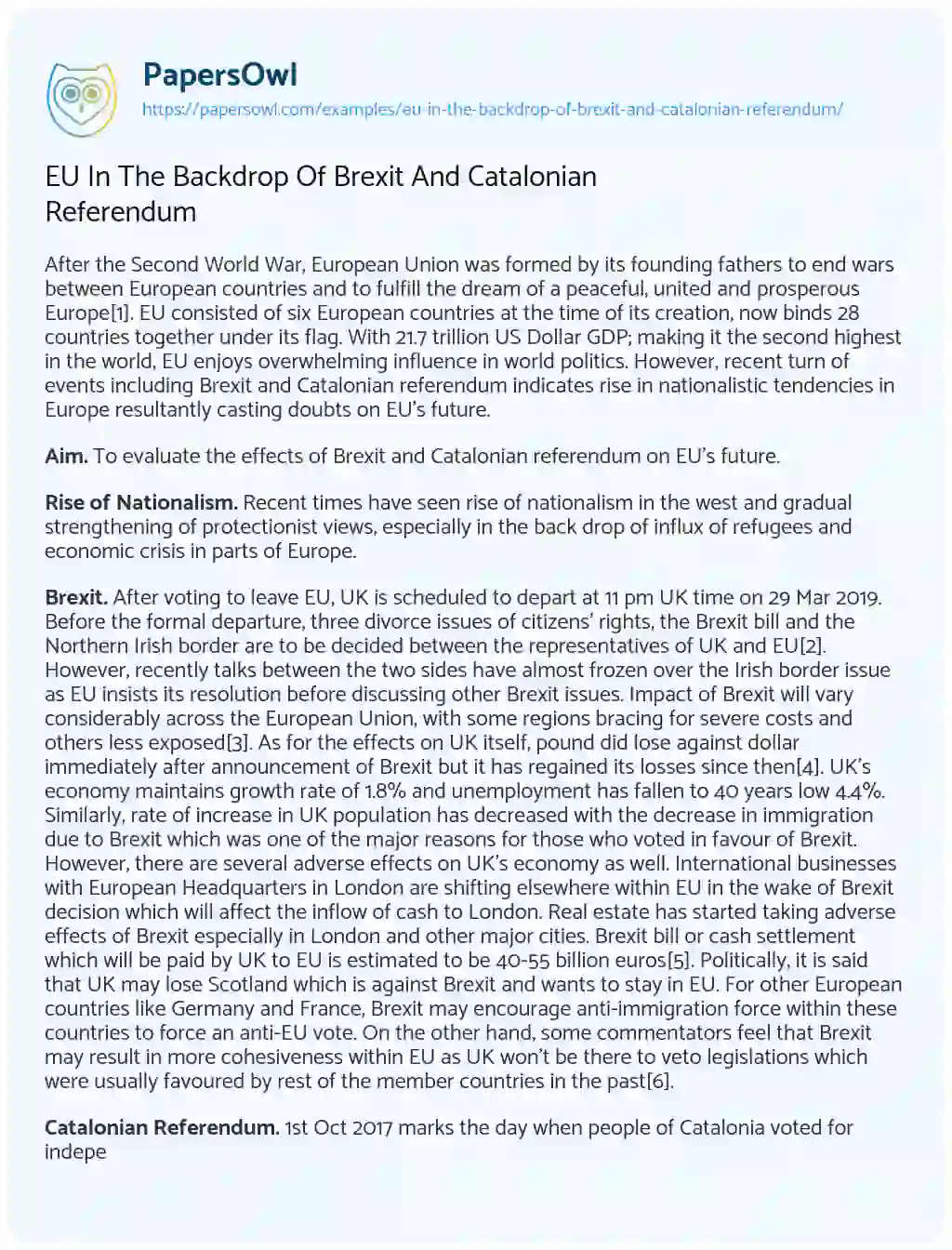 Essay on EU in the Backdrop of Brexit and Catalonian Referendum