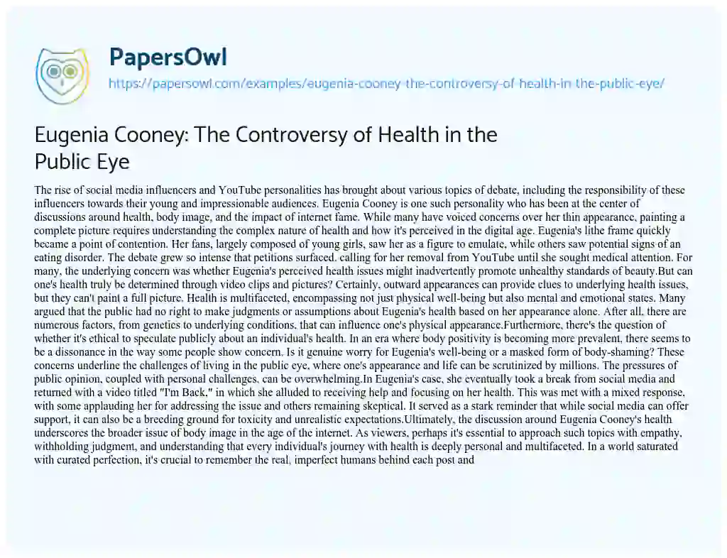 Essay on Eugenia Cooney: the Controversy of Health in the Public Eye