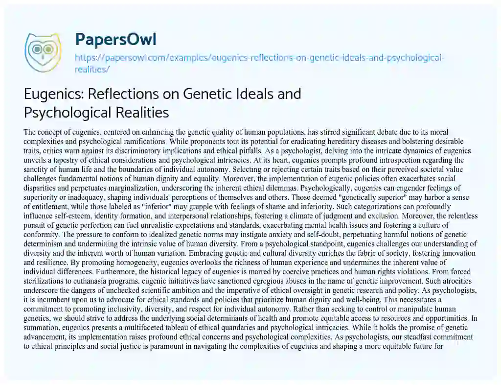 Essay on Eugenics: Reflections on Genetic Ideals and Psychological Realities