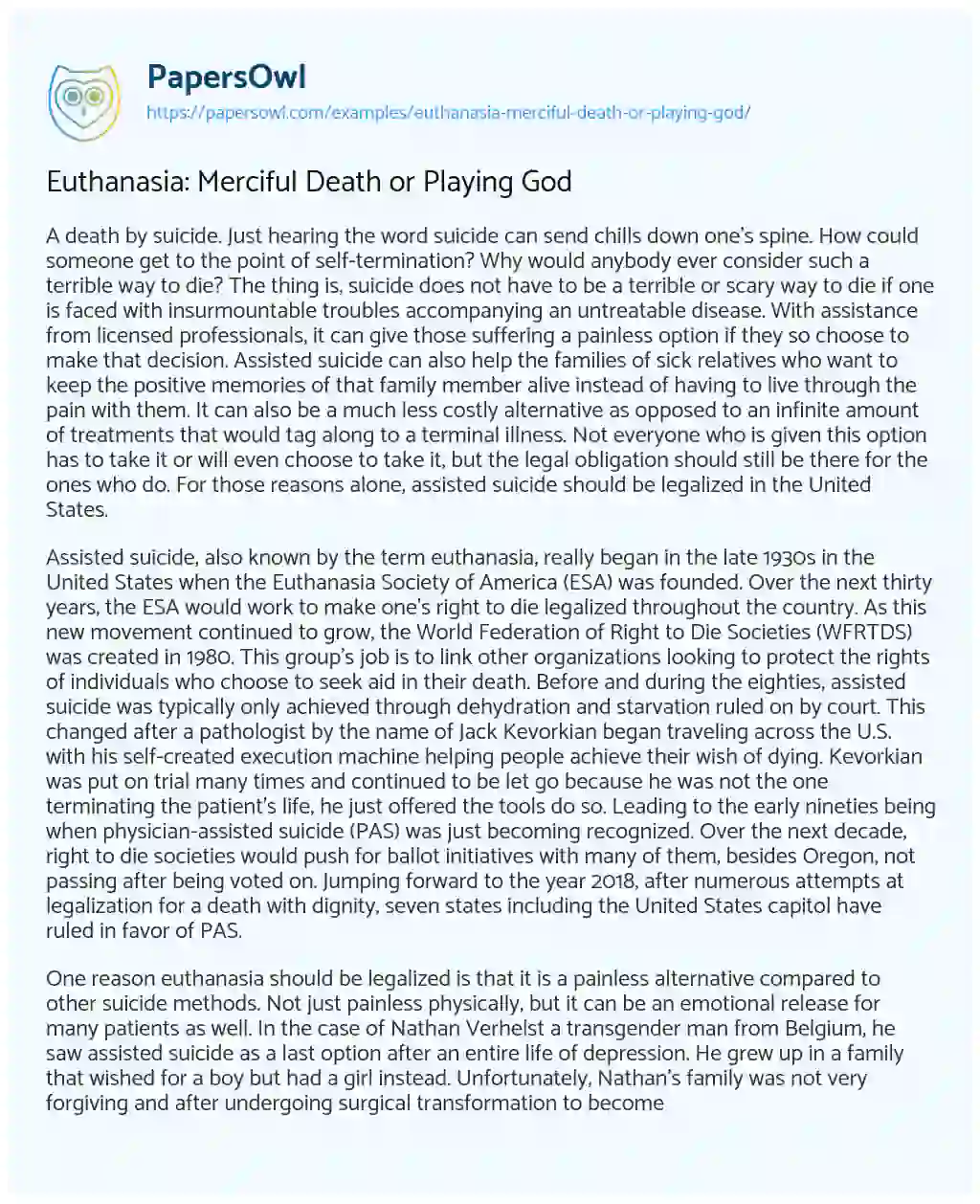 Euthanasia: Merciful Death or Playing God essay