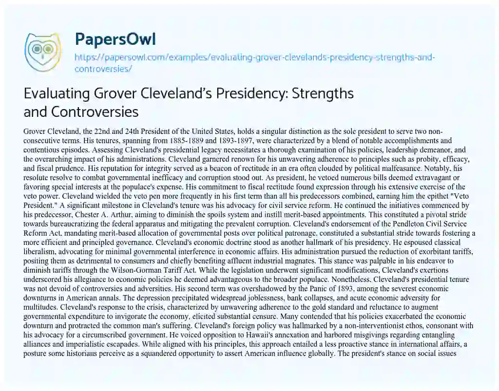 Essay on Evaluating Grover Cleveland’s Presidency: Strengths and Controversies