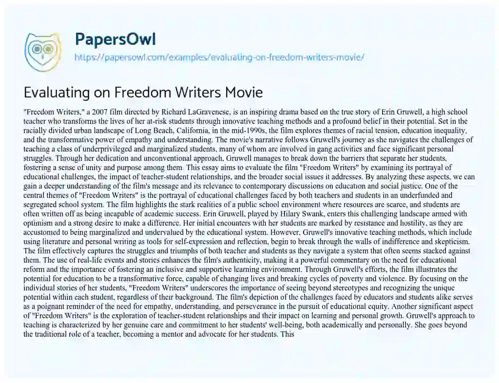 Essay on Evaluating on Freedom Writers Movie