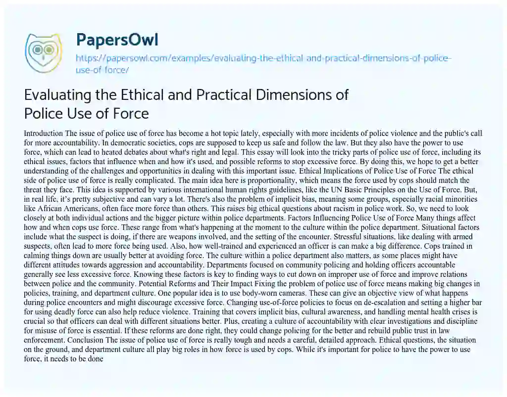 Essay on Evaluating the Ethical and Practical Dimensions of Police Use of Force