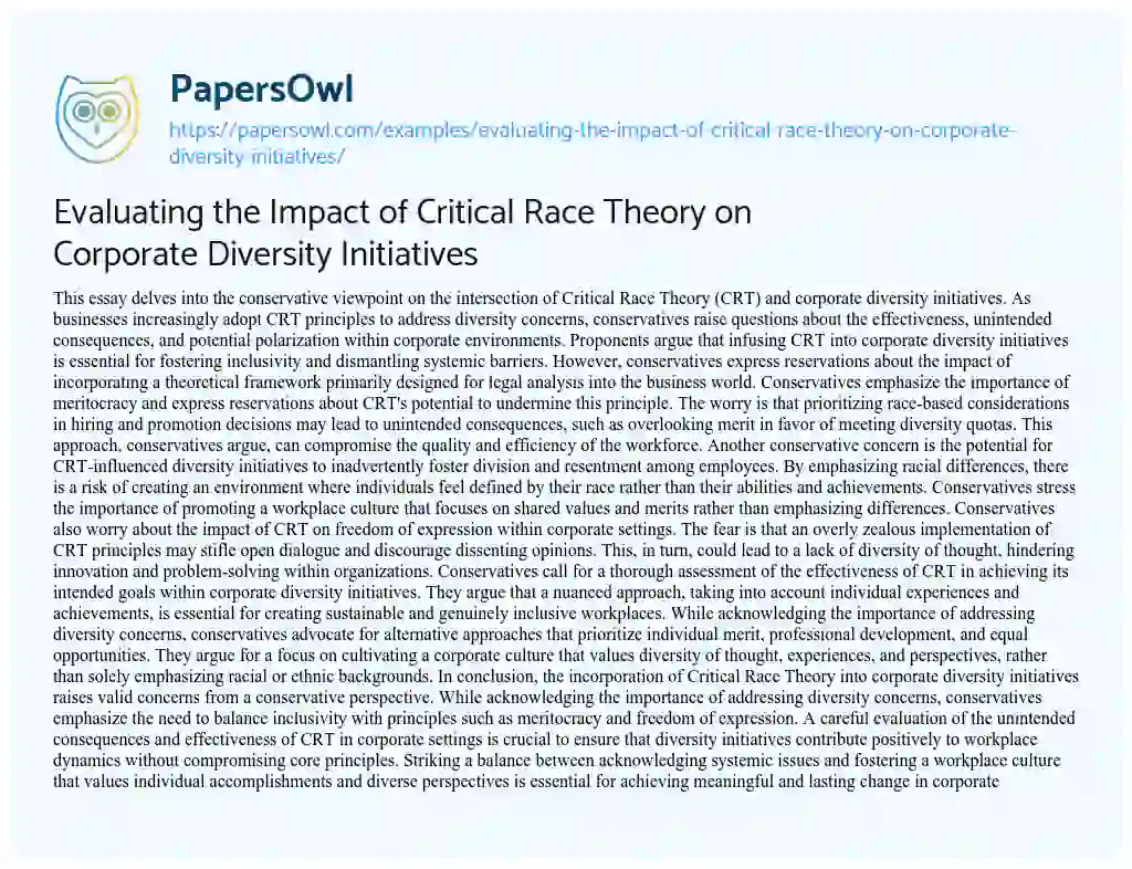 Essay on Evaluating the Impact of Critical Race Theory on Corporate Diversity Initiatives