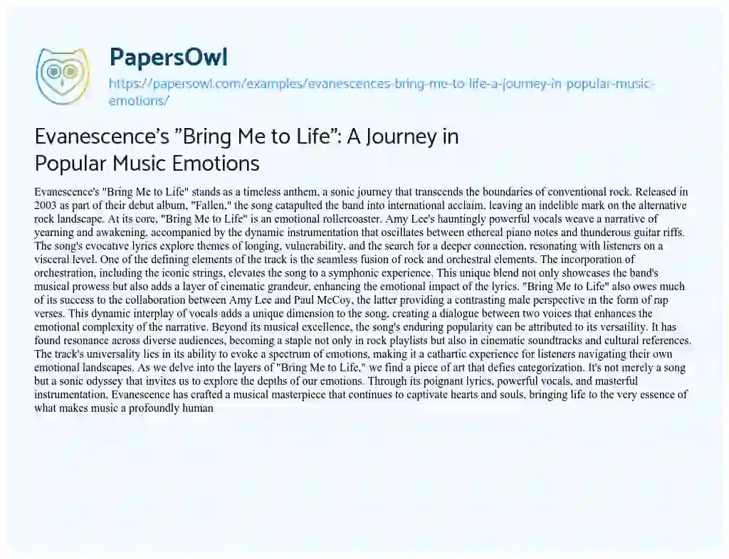 Essay on Evanescence’s “Bring me to Life”: a Journey in Popular Music Emotions