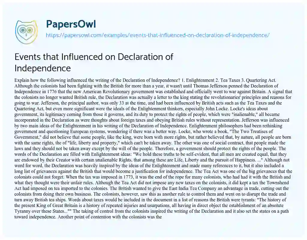 Essay on Events that Influenced on Declaration of Independence