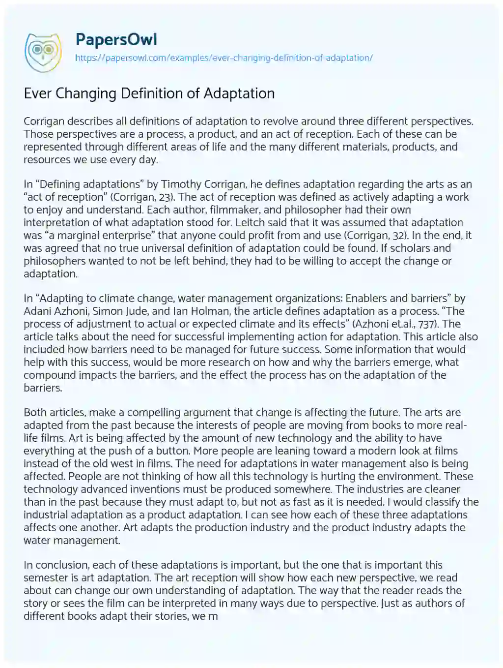 Essay on Ever Changing Definition of Adaptation