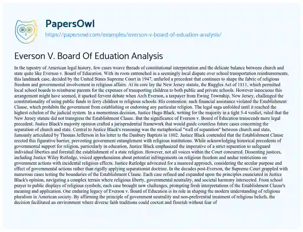 Essay on Everson V. Board of Eduation Analysis