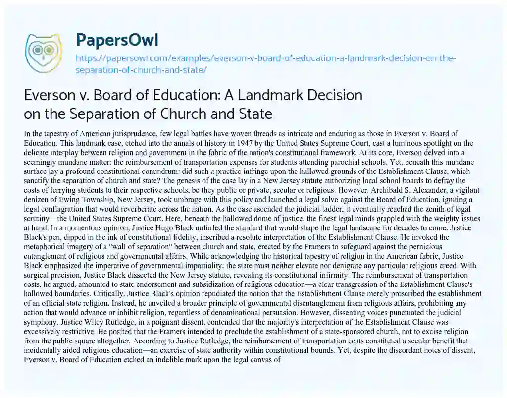 Essay on Everson V. Board of Education: a Landmark Decision on the Separation of Church and State