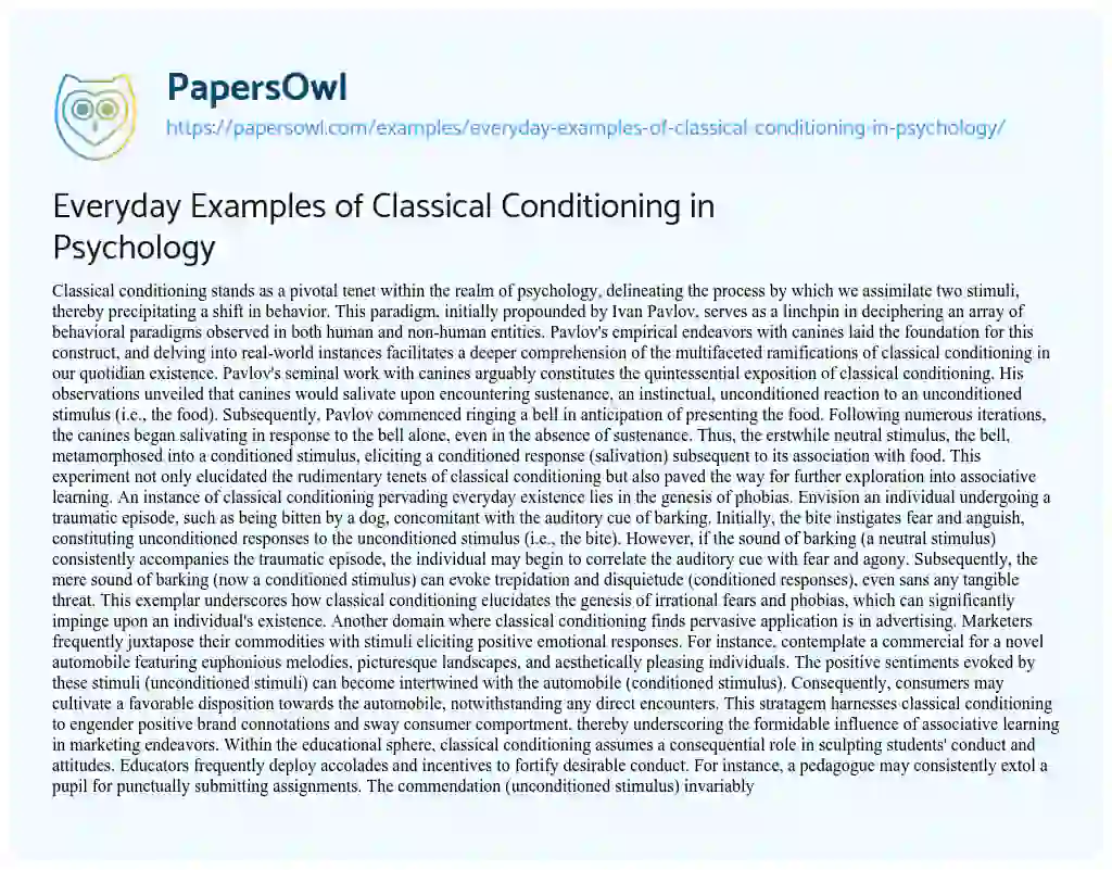 Essay on Everyday Examples of Classical Conditioning in Psychology