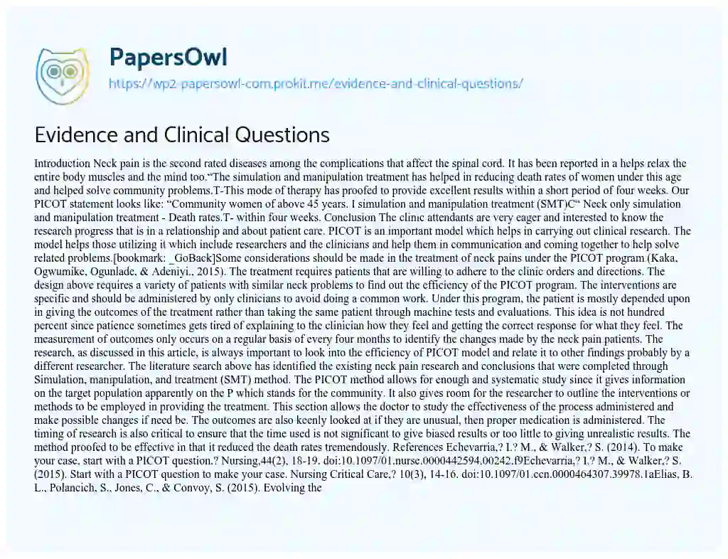 Evidence and Clinical Questions essay