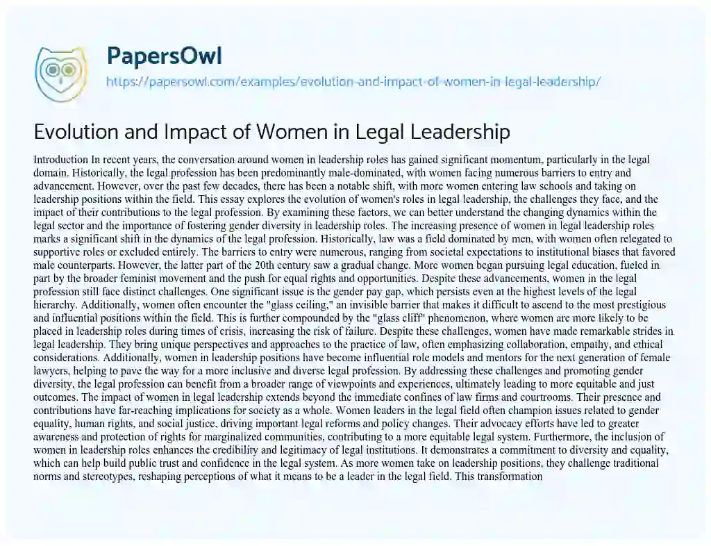Essay on Evolution and Impact of Women in Legal Leadership