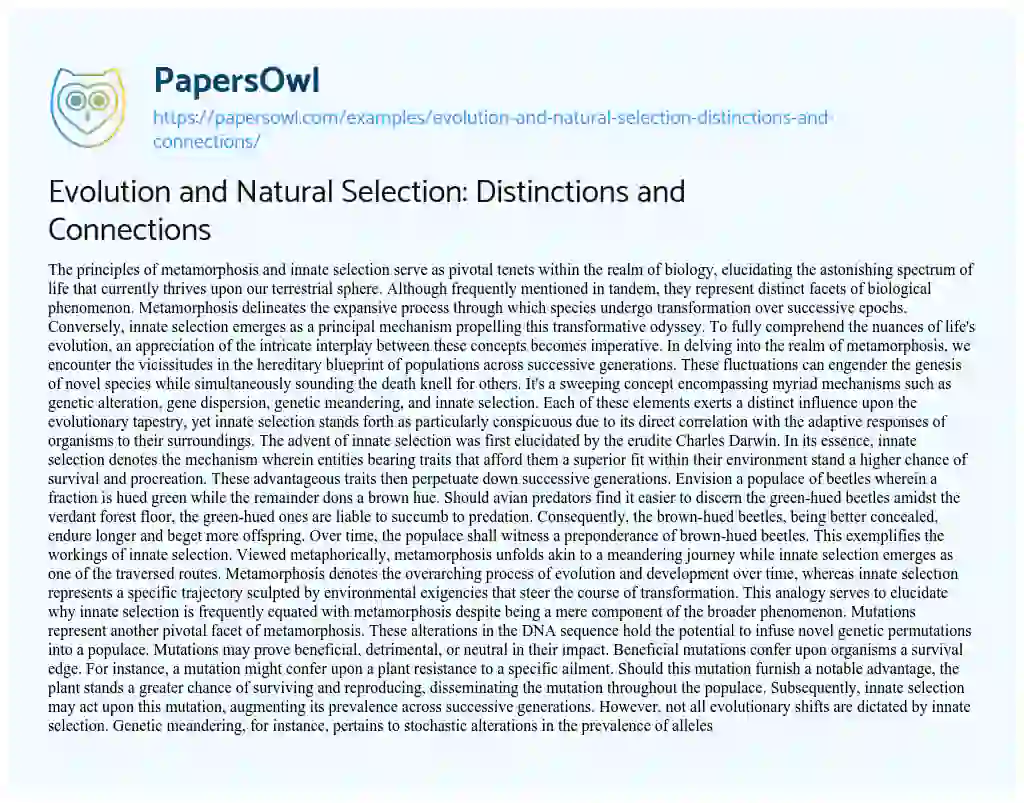 Essay on Evolution and Natural Selection: Distinctions and Connections